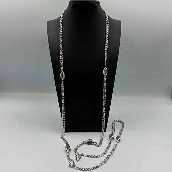 Vintage Monet Necklace Silver Tone Long Double Chain Filigree Station Beads 54" - Picture 7 of 9